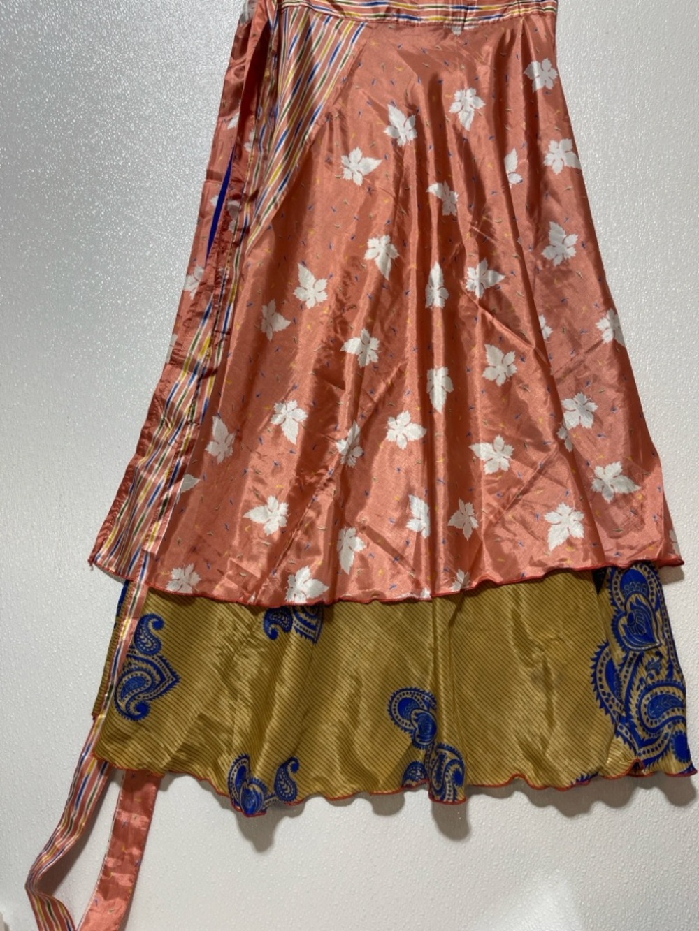 SILK Women's Peach Floral Maxi Wrap Skirt with Contrasting Gold Panel